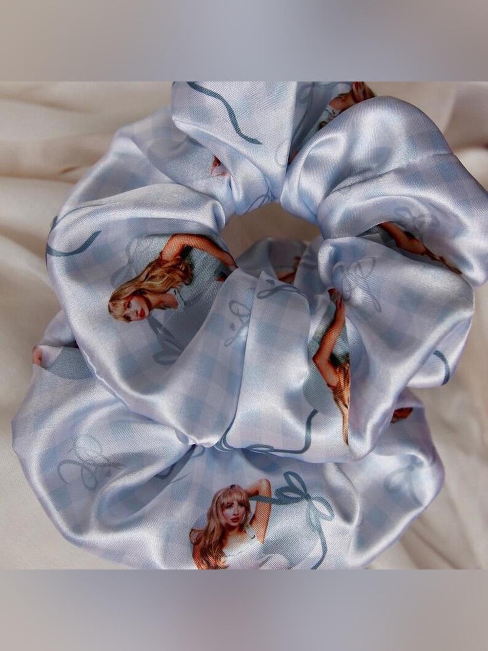 SABRINA CARPENTER Baby Blue Satin Scrunchie Short n Sweet Mans best friend style